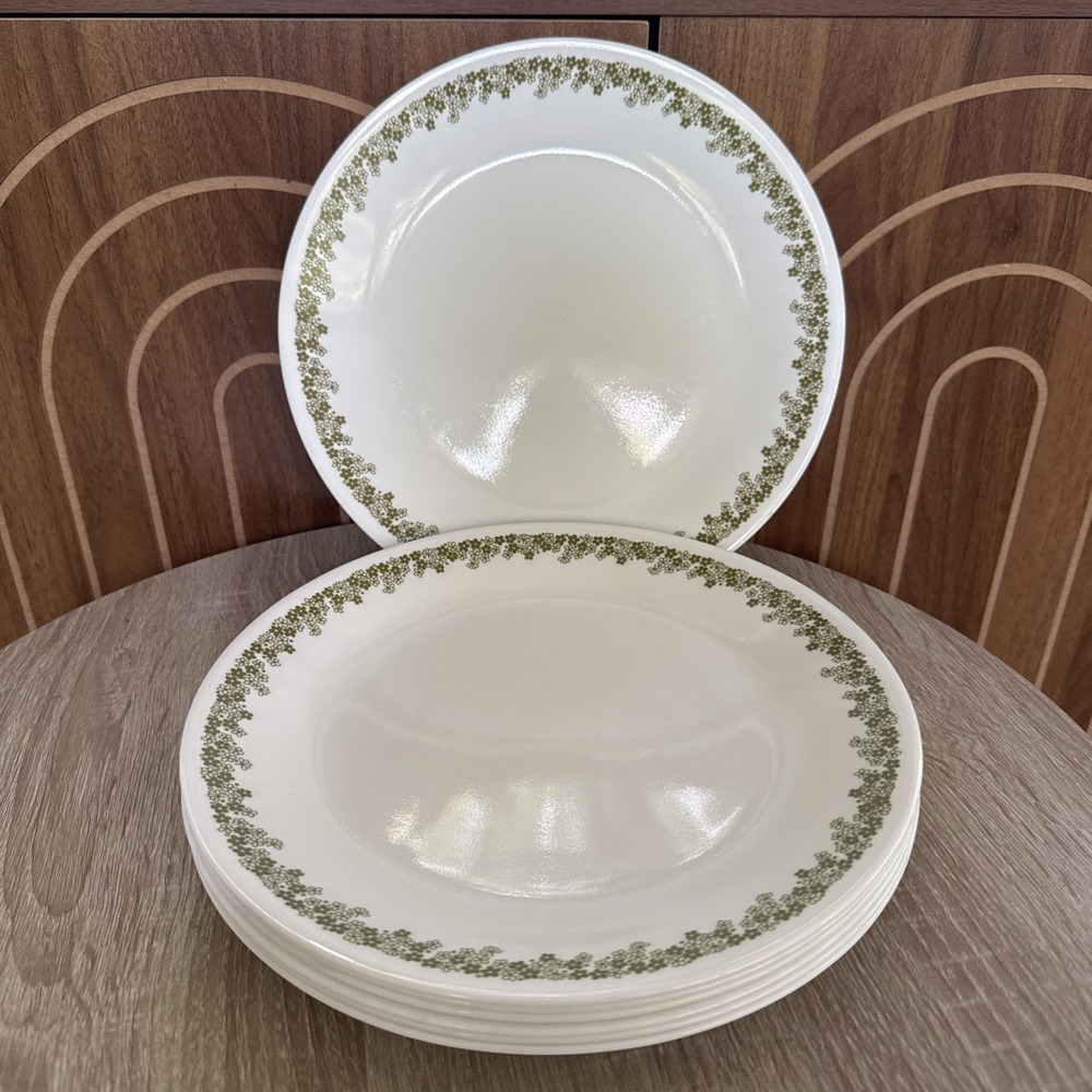 7  Vintage Corelle Spring Blossom Green Crazy Daisy 10.25" Dinner Plates USA